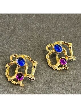 Artsy gold tone Royal cobalt blue purple earrings